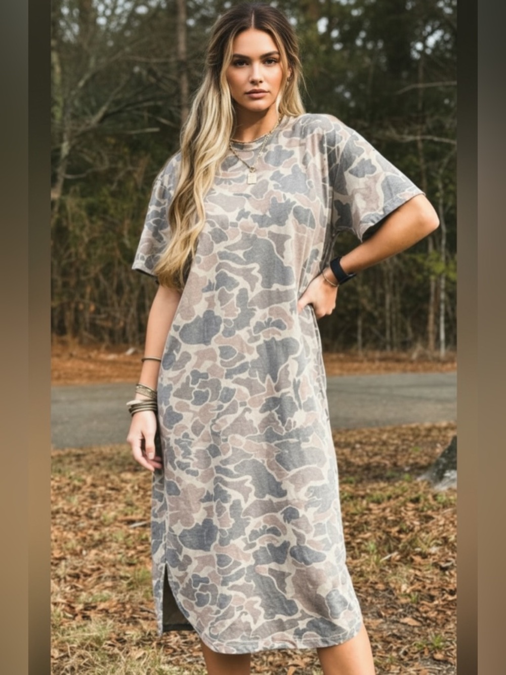 1223. 🖤 Camo Print Short Sleeve Midi Dress